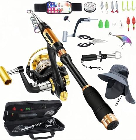 Portable Fishing Spinning Rod and Reel Combo Set Carbon Fiber Fluorescent Rod Tip, with Fishing Lures Line Carrier Bag Kits for Travel Surf Saltwater Freshwater by Unknown