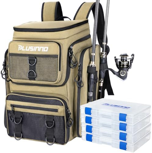 PLUSINNO Fishing Backpack with Rod Holders, 42L Large Water-Resistant Tackle Bag for Fishing, Camping, Hiking, Gifts, Khaki (4 Tackle Boxes Included), 36,6 x 25,4 x 45,7 cm, Sporty, functional by PLUSINNO