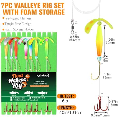 Dovesun Crawler Harness Walleye Rigs with Dual-Wing Blade, Float Walleye Spinner Rig for Slow Trolling (0.25 mph), Fluorocarbon Worm Harness, 2 Hook Walleye Fishing Rigs, 7 Pack - Image 6