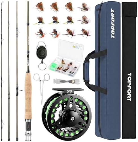 TOPFORT Fly Fishing Rod and Reel Combo, 4-Piece Fly Rod Kit with Complete Fly Fishing Gear: Fly Rod, Pre-Spooled Fly Fishing Reel, Fishing Flies, Leader, Forceps, Nipper and Carrying Case by TOPFORT