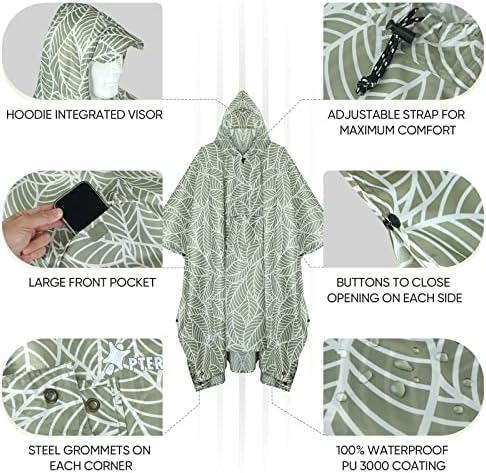 PTEROMY Hooded Rain Poncho for Adults, Reusable Waterproof Raincoat - Image 2