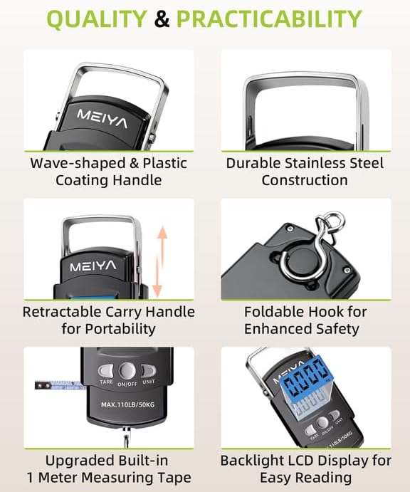 MEIYA Fish Scale 110lb/50kg Digital Fishing Scale with Backlit LCD, Portable Handle, Stainless Steel Hook, Built-in Tape Measure & 2 AAA Batteries, Reliable Fishing Gear & Great Fishing Gifts for Men - Image 4