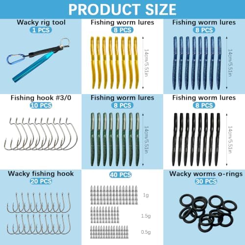 133Pcs Wacky Worm Bass Fishing Lures Kit with Soft Plastic Baits, Weedless & Offset Worm Hooks, Wacky Rig Tool, O-Rings, Sinkers - Image 2