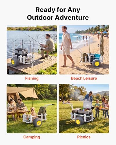 VEVOR Beach Fishing Cart, 200 lbs Load Capacity, Foldable Fishing Cart with Heavy-Duty Carbon Steel Frame, 13-Inch All-Terrain PU Balloon Tires, 7 Rod Holders, for Outdoor Activities Camping Picnic - Image 5