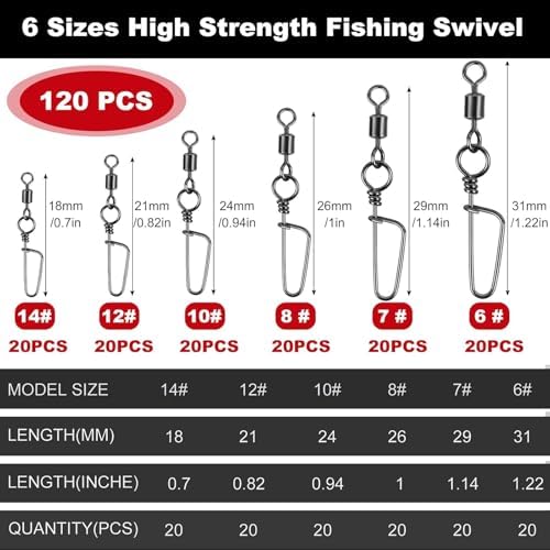 Realure 120Pcs Coastlock Barrel Snap Swivels, 6 Sizes 6#~14# Black Nickel Brass Stainless Steel Terminal Tackle, Corrosion Resistant Rolling Connectors for Freshwater Saltwater Bass Carp Fishing - Image 2