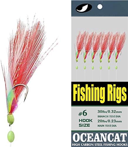 10 Packs 2pcs White & Red Feather & Rainbow Skin 6 Hooks Saltwater String Hook Fishing Luer Bait Rig Tackle by OCEANCAT