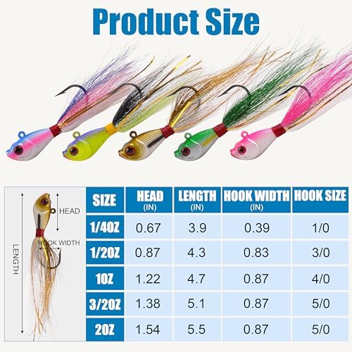 Bucktail Jigs Saltwater Fishing Lures, 5pcs Premium Bucktail Hair Jigs Head Saltwater Striper Lures for Bass Flounder Bluefish Halibut Redfish Surf Fishing 1/4oz 1/2oz 1oz 1.5oz 2oz - Image 3