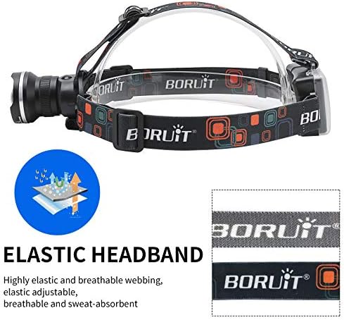 BORUIT RJ-2166 Super Bright LED Headlamp with White Light,3 Modes Adjustable Headlight Flashlight,IPX4 Waterproof Head Torch Great for Running, Camping, Hiking(Black) - Image 5