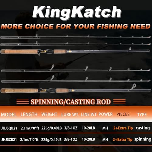 Medium Heavy Spinning Fishing Rod, 7' & 7'6" Carbon Graphite & Fiberglass Composite Rod, EVA Split Grip, Boat Rod for Bass, Trout, Catfish, Walleye, Saltwater & Freshwater Fishing - Image 4