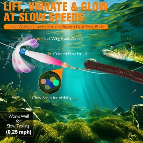 Dovesun Crawler Harness Walleye Rigs with Dual-Wing Blade, Float Walleye Spinner Rig for Slow Trolling (0.25 mph), Fluorocarbon Worm Harness, 2 Hook Walleye Fishing Rigs, 7 Pack - Image 2