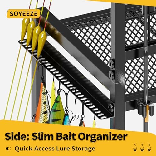 SOYEEZE Large Size Fishing Rod Holders for 12 Rods, Rolling Fishing Pole Holders for Garage, 3-Tier Fish Rod Rack for Tackle Box, Fishing Supplies,a Display Fish Gear Storage Gift for Man - Image 5