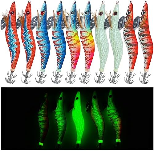 Squid Jigs Saltwater Fishing Lures, 10pcs Glow Squid Lures Glow in The Dark Shrimp Baits Luminous Jig Hooks Artificial Prawn Cuttlefish Sleeve Octopus Baits by Shaddock+Fishing