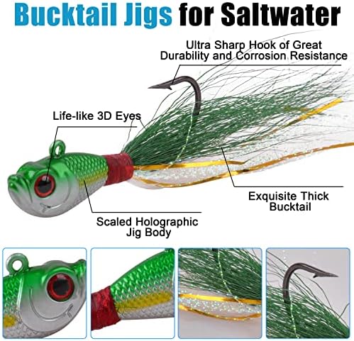 Bucktail Jigs Saltwater Hair Jig Lures, 5pcs Bucktail Jigs Fishing Lures Surf Fishing Jig Head Swimbait Jig Hook for Bass Flounder Striper 1/4oz 1/2oz 1oz 1.5oz - Image 2