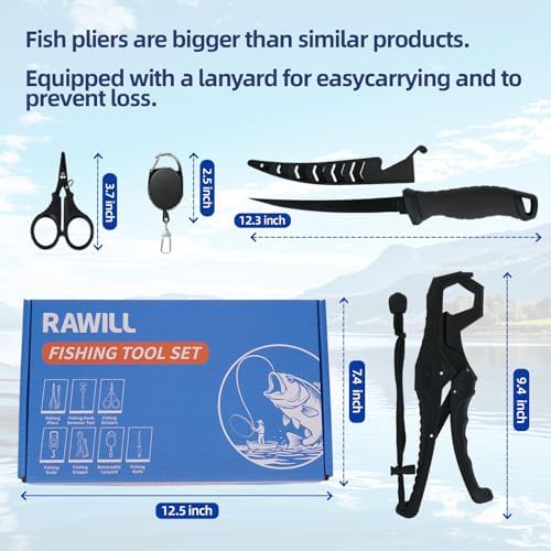 RAWILL Fishing Kit,Filleting Knife,Hook Remover,Fish Grip, Line Cutter,Fishing Scale, Pliers with Lanyards,Not Include Batteries - Image 2