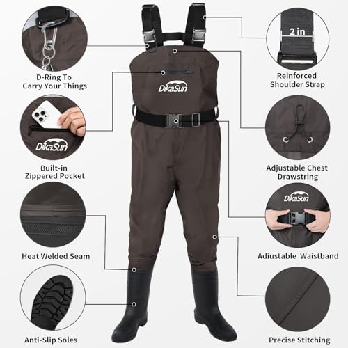 Fishing Waders for Men & Women, Waterproof 2-Ply Nylon/PVC Chest Wader with Boots for Outdoor Sizes 4-13 Bootfoot(Brown, M9/W11) - Image 2