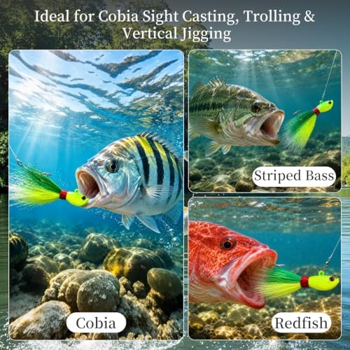 Cobia Jig, 3oz Saltwater Bucktail Jigs with Chartreuse Tail, Vertical Jigging Lures for Striper, Fluke, Flounder & Walleye - Image 6