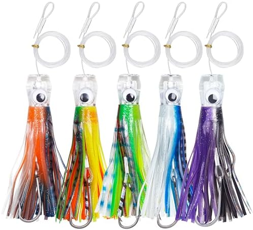 Saltwater Fishing Lures 6/9inch Trolling Lures for Marlin Mahi Tuna Dolphin Shark Big Game Deep Sea Fishing Baits Squid Skirts Rigged Hooks Ocean Gear Tackle by OROOTL