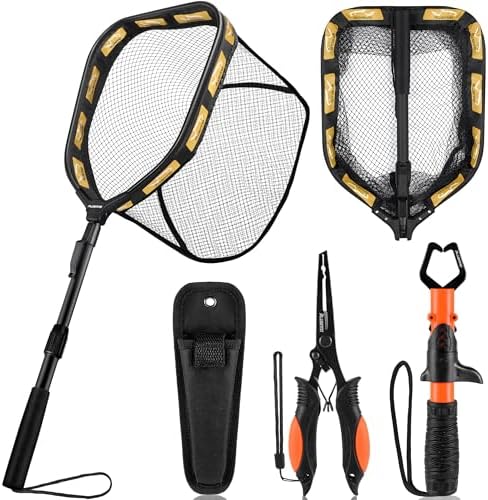 PLUSINNO Floating Fishing Net for Steelhead, Salmon, Fly, Kayak, Catfish, Bass, Trout Fishing, Rubber Coated Foldable Landing Net with Fixed or Telescoping Pole Handle, Fishing Gear and Gifts for Men by PLUSINNO