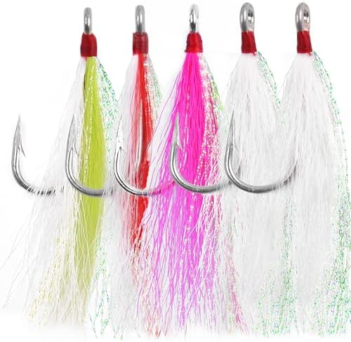 Bucktail Teaser Fishing Hooks,5pcs Saltwater Flounder Rig Stainless Steel Fishing Jig Hooks Bucktail Mylar Flash Teasers Inserted for Striper Catfish Cod Flounder Hi/Lo Rig by SILANON