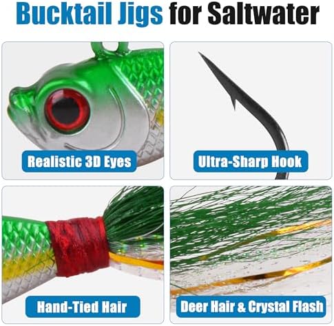 Bucktail Jigs Saltwater Fishing Lures, 5pcs Premium Bucktail Hair Jigs Head Saltwater Striper Lures for Bass Flounder Bluefish Halibut Redfish Surf Fishing 1/4oz 1/2oz 1oz 1.5oz 2oz - Image 2
