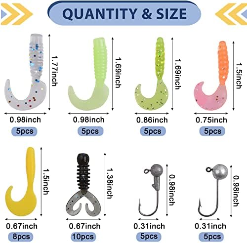 Soft Fishing Lures Jig Head Hooks Kit, Crappie Jigs Lures Kit Mixed Curly Grub Lures Tube Baits Soft Plastic Swimbaits for Bass Trout Panfish Saltwater Freshwater Fishing - Image 2