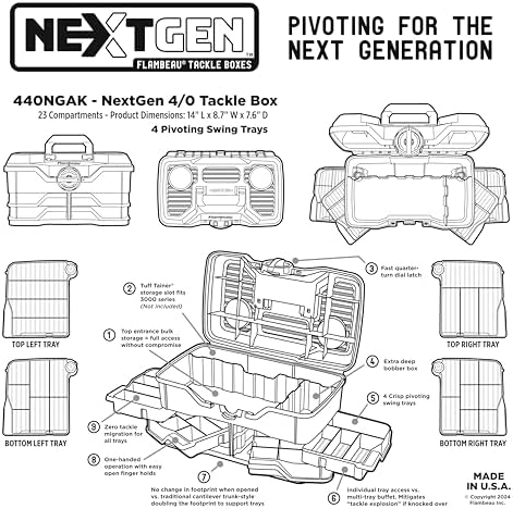 Flambeau Outdoors NextGen 4/0 Tackle Box, 4 Pivot Trays, 25-Piece Kit, Gray - Image 6
