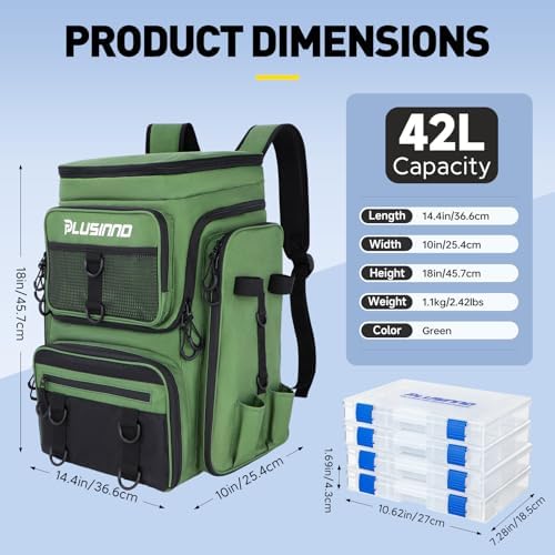 PLUSINNO Fishing Backpack with Rod Holders 4 Tackle Boxes, 42L Large Water-Resistant Fish Tackle Bag Store Fishing Gear, Camping, Hiking Gifts for Men Father, Green - Image 2