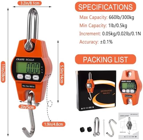 880lb/400kg Digital Crane Scale - Compact LCD Handheld Hanging Scale for Garage, Farm, Hunting, Fishing & More(400kg/Plastic/Orange) - Image 5
