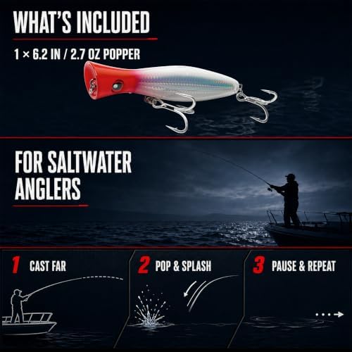 6.2 Inch 2.73 oz Saltwater Topwater Popper Fishing Lures with 3/0 4X Strengthened BKK Treble Hooks, Through-Wire for Strength & Durability, Target GT, Tuna, Sea Bass, Marlin - Image 7