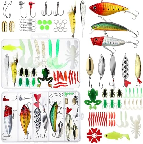 Fishing Lures Kit with Tackle Box, Pliers, Fish Gripper, Saltwater Freshwater Gear Set for Bass Trout, Hooks Weights Bobbers Rigs Leaders by Unknown