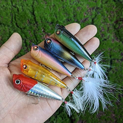 Alwonder 5-Pack Fishing Popper Lure, Fishing Top Water Lures Bass Lures Feathered Treble Hooks Rooster Tail Lure Plugs Hard Baits - Image 6