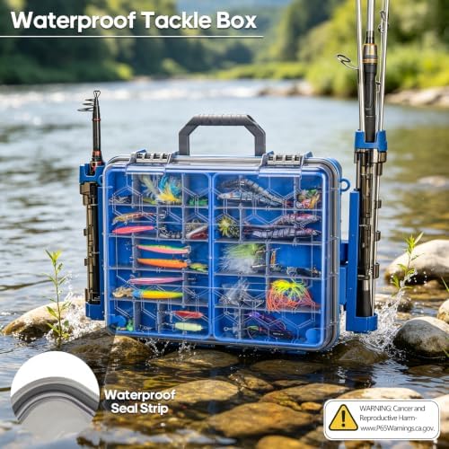 THKFISH Waterproof Double Side Tackle Box, Portable Storage Box with 2 Pack 3500 Stowaway Boxes & Rod Holders, Fishing Lure Organizer YellowPink/Green/Blue/Grey (L-Blue) - Image 4