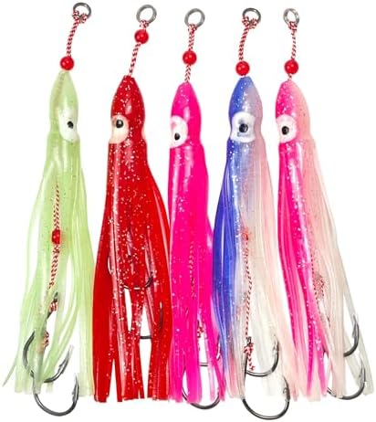 Luminous Squid Soft Baits Saltwater Squid Lures 5pcs Pre-Rigged Glow Squid Jig with Assist Hooks UV Octopus Skirt Lures Night Fishing Saltwater Trolling Hoochies for Salmon, Snapper & Trout by Uxwuy