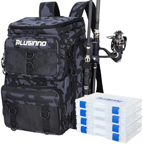 PLUSINNO Fishing Tackle Backpack with Rod Holders，42L Water-resistant Fishing Bag Store Fishing Gear, Fisher Gifts For Men. by PLUSINNO