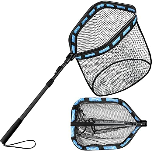 PLUSINNO Floating Fishing Net for Steelhead, Salmon, Fly, Kayak, Catfish, Bass, Trout Fishing, Rubber Coated Foldable Landing Net with Fixed or Telescoping Pole Handle, Fishing Gear and Gifts for Men by PLUSINNO