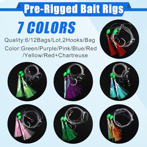 Fishing Bait Rigs Saltwater,6/12packs Flounder Rigs with Mono Leaders Swivels Hooks Beads and Fish Skin for Flounder Sea Bass Halibut Black Pompano Fishing - Image 3