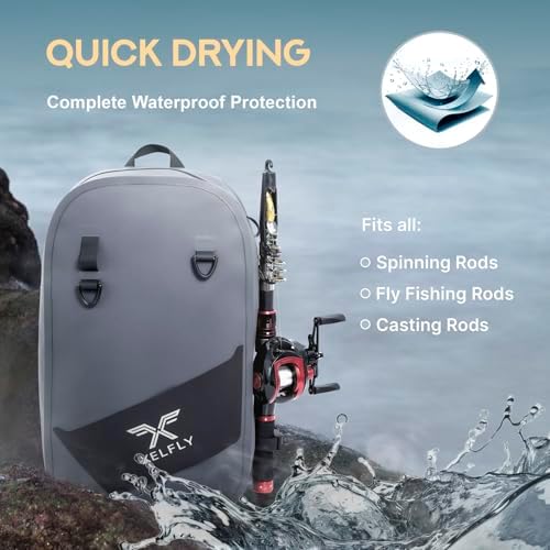 Xelfly Waterproof Fishing Sling Backpack Bag with Rod Holder, Gear Loops - Submersible Zipper, Rugged Top Handle, Adjustable Attachments (Gray) - Image 6