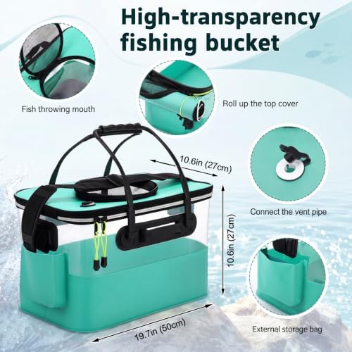3 Pcs Fishing Bucket, Live Bait Aerator and Fishing Cast Net with Heavy Duty Sinker Foldable Live Bait Bucket Portable Quiet Aerator Fish Transport Container Outdoor EVA Bag - Image 2