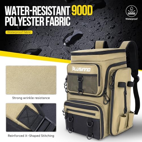 PLUSINNO Fishing Backpack with Rod Holders, 42L Large Water-Resistant Tackle Bag for Fishing, Camping, Hiking, Gifts - Khaki - Image 4