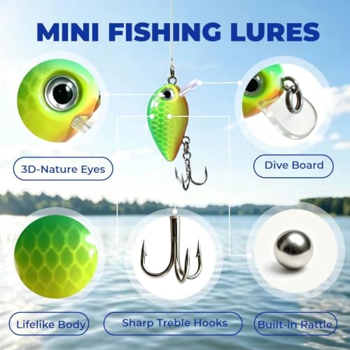 5PCS Micro Crankbait Fishing Lures Set, Lifelike 3D Eyes Hard Bait with Sharp Treble Hooks, Freshwater Saltwater Lures for Bass Trout Perch Walleye Pike, Tackle Box Included - Image 3