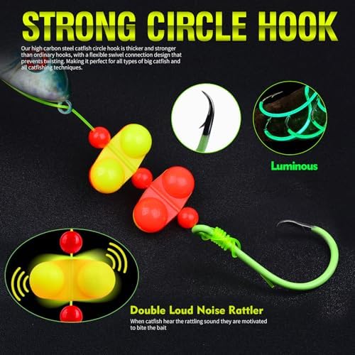PROBEROS Catfish Fishing Rigs - Bank Fishing Set with 5pcs/Set, 6/0, 8/0, 10/0 Circle Hooks Circle Hooks, High Visibility, Ready to Use Catfish Rigs - Image 3