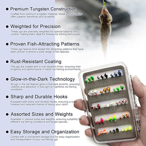 45Pcs Tungsten Ice Fishing Jigs Lures Kit, Micro Glow Tungsten Winter Jig Heads Hooks for Walleye Crappie Panfish Trout, Ice Fishing Gear Equipment Tackle Accessories - Image 7