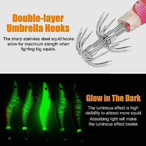 Squid Jigs Saltwater Fishing Lures, 10pcs Glow Squid Lures Glow in The Dark Shrimp Baits Luminous Jig Hooks Artificial Prawn Cuttlefish Sleeve Octopus Baits - Image 4
