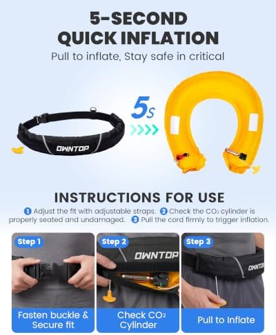 Owntop Manual Inflatable Belt Pack, Adults Swim Jacket with Blowpipe & Whistle, 24g CO2 Cylinder Included, Low Profile for Kayaking, Fishing, Paddle Sports - Image 3