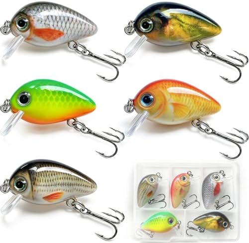 5PCS Micro Crankbait Fishing Lures Set, Lifelike 3D Eyes Hard Bait with Sharp Treble Hooks, Freshwater Saltwater Lures for Bass Trout Perch Walleye Pike, Tackle Box Included by SHINETAOFishingLures