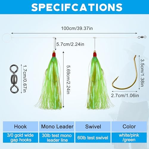 Fishing Teaser Rigs Saltwater, 3/6 Pack Flounder Rigs Hand Tied Sea Bass Hi Lo Rig Fishing Bait Rigs Multicolor Mylar Bucktail Teasers Rig for Flounder Fluke Halibut Sea Bass - Image 3