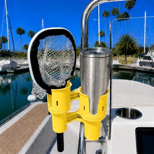 ROBOCUP, (Yellow), Patented Clamp On Boat Cup Holder |Multifunction Dual Drink Caddy for Fishing Poles, Tools, Net, Gaff |Portable Storage for Boating, Beach, Umbrellas, Golf Carts, Strollers - Image 2