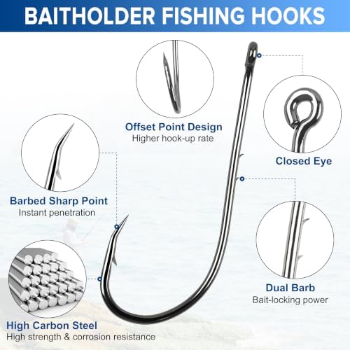 Baitholder Fishing Hooks, 50pcs Bait Holder Hooks Offset Long Shank Live Bait Fish Hook with Double Barbs for Bass Trout Crappie Saltwater Freshwater Fishing Size 4-6/0 - Image 3