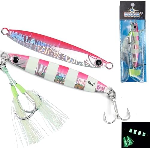 Easy Catch Fishing Jigs Saltwater Laser Lures Jigs Vertical Jigging Spoon Baits for Boat Fishing with Treble Hooks and Double Assist Hook Ideal for Tuna Grouper Snapper Salmon Bass Rockfish Lingcod by SpecializinginFishingTackle