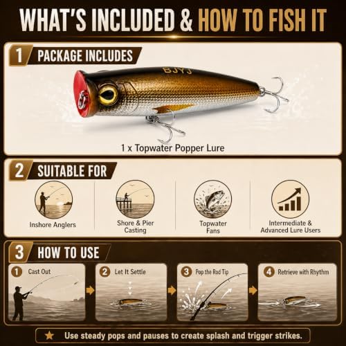 Topwater Popper Fishing Lure, 4in 0.81oz ABS Floating Saltwater Bait with BKK 3X #4 Treble Hooks, Foil-Stamped Finish for Inshore Striped Bass Redfish Snook Tarpon - Image 6